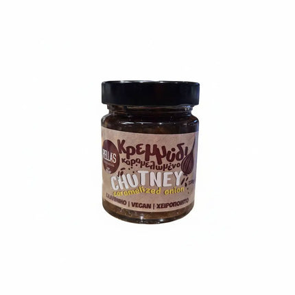 Chutney καραμελωμένο κρεμμύδι Pella's Delicacies 220g χειροποίητο vegan σε βαζάκι